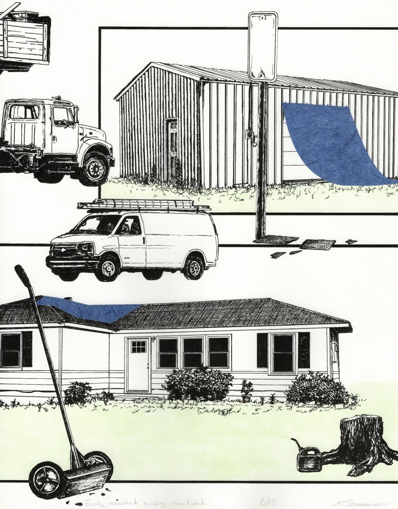 Blue tarps dapple the landscape conforming to the peaks of roofs and chimney stacks.